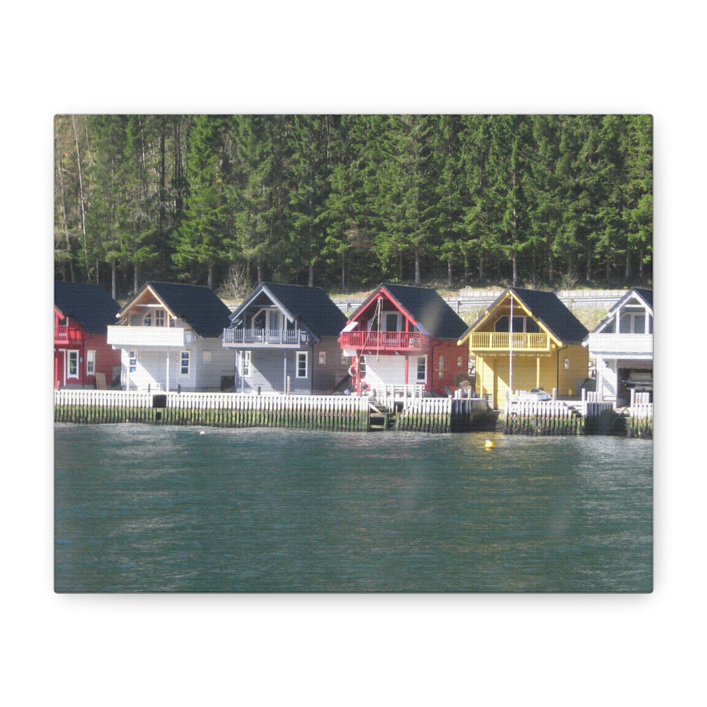 Colorful Waterfront Cabins Nature Photography Canvas