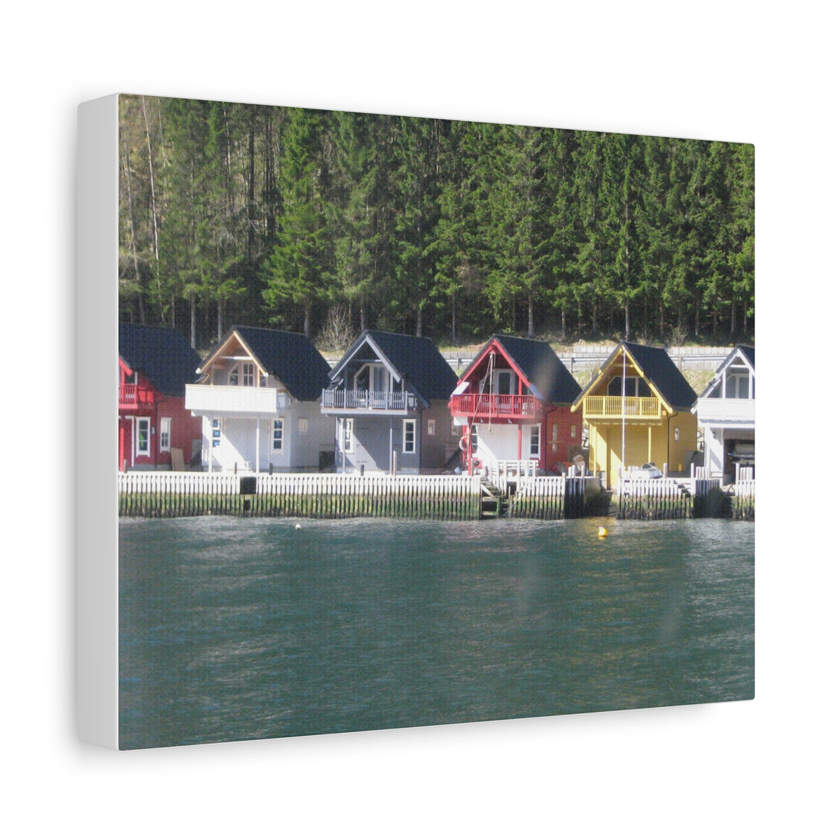 Colorful Waterfront Cabins Nature Photography Canvas