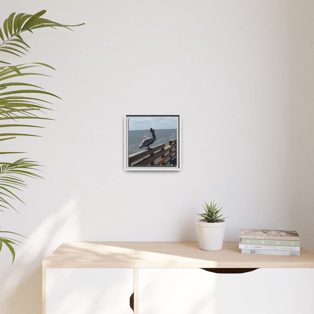 Brown Pelican Photo Canvas Framed Wall Art | Coastal Pier Seascape (USA)