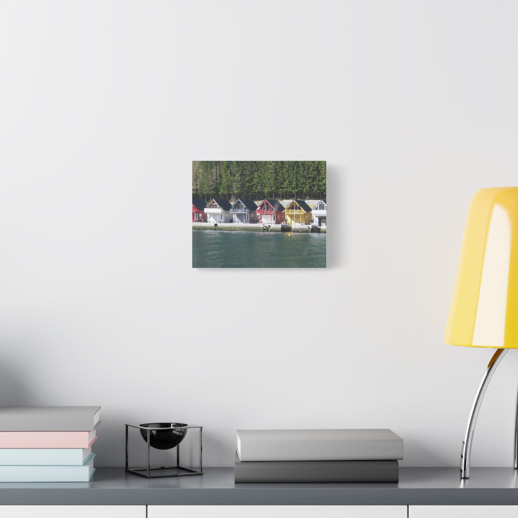 Colorful Waterfront Cabins Nature Photography Canvas