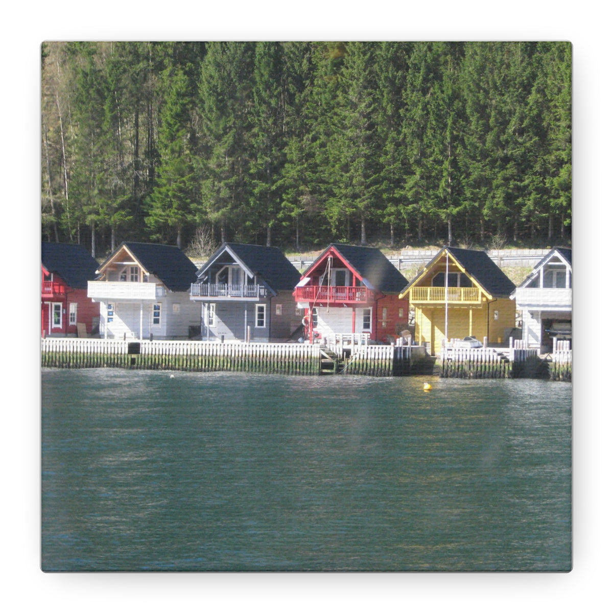 Colorful Waterfront Cabins Nature Photography Canvas