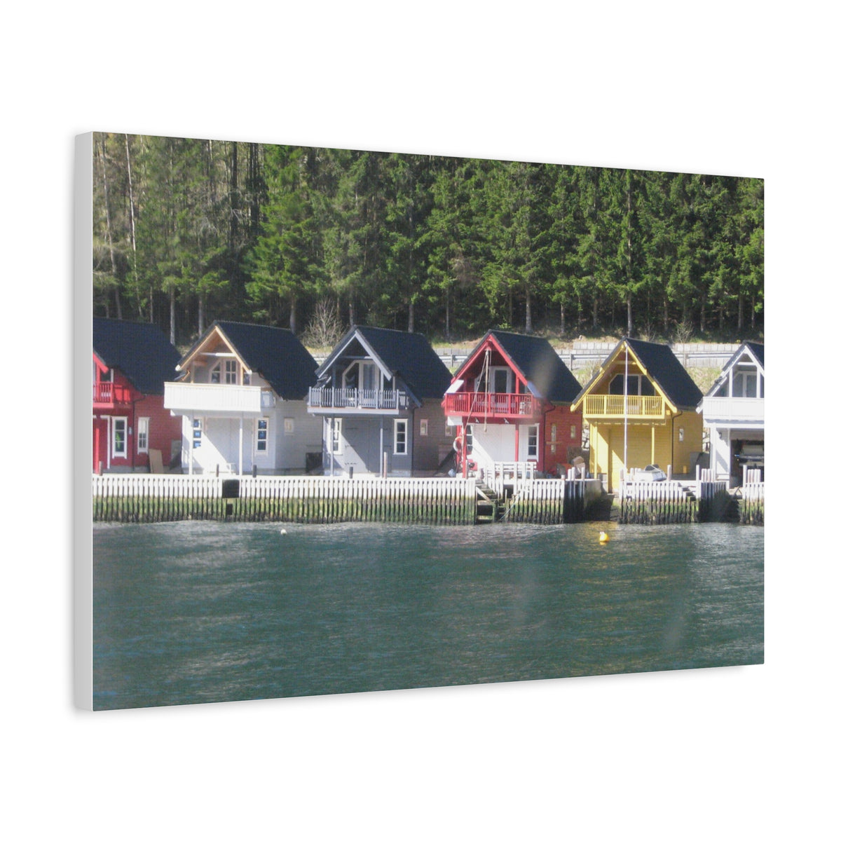 Colorful Waterfront Cabins Nature Photography Canvas