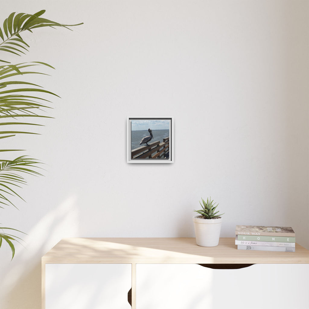 Brown Pelican Photo Canvas Framed Wall Art | Coastal Pier Seascape (USA)