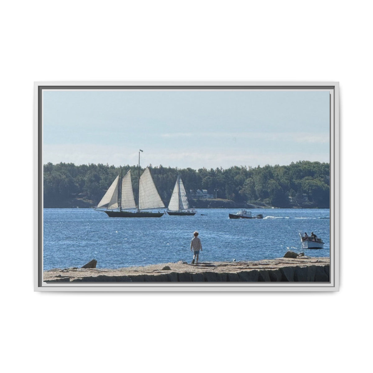 Framed Canvas Sailboat Harbor Seascape Wall Art