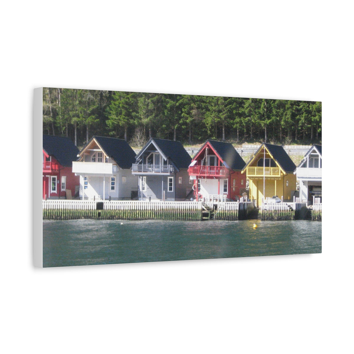 Colorful Waterfront Cabins Nature Photography Canvas