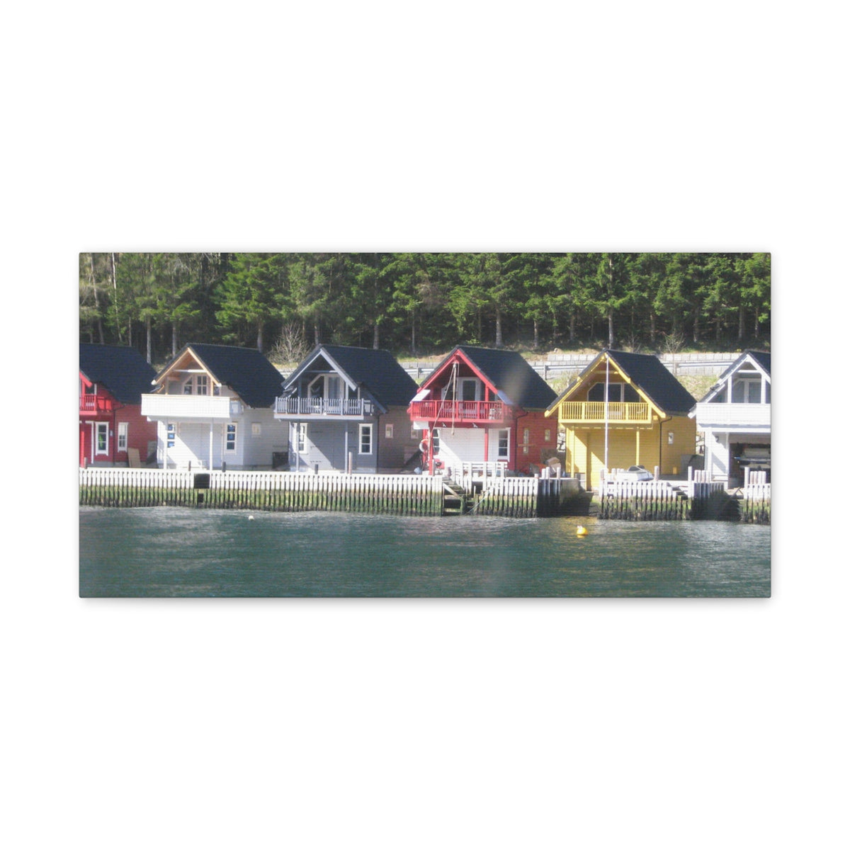 Colorful Waterfront Cabins Nature Photography Canvas