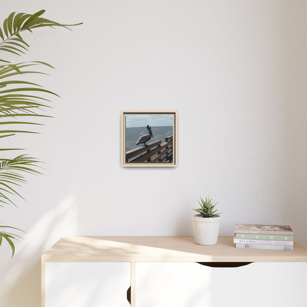 Brown Pelican Photo Canvas Framed Wall Art | Coastal Pier Seascape (USA)