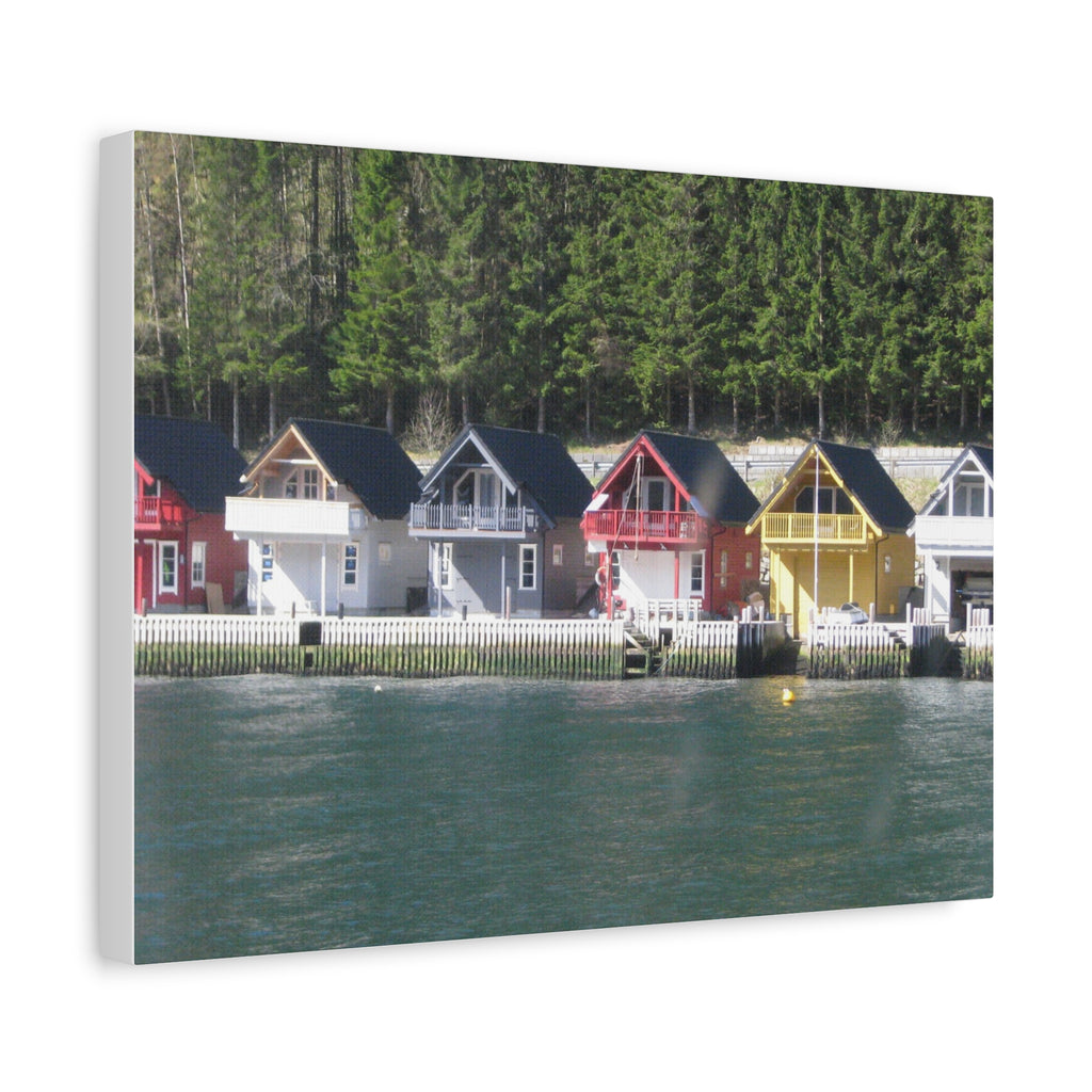 Colorful Waterfront Cabins Nature Photography Canvas
