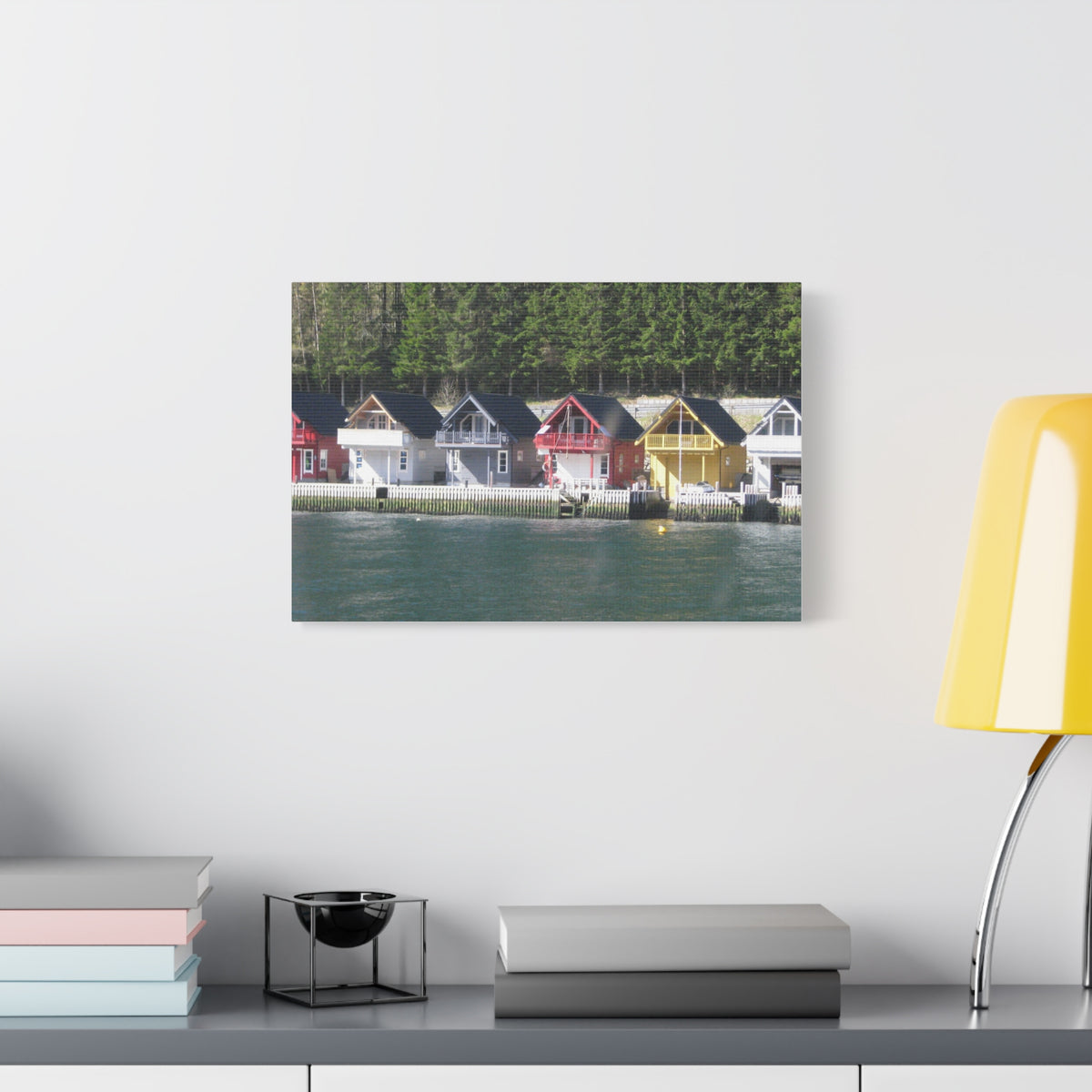 Colorful Waterfront Cabins Nature Photography Canvas
