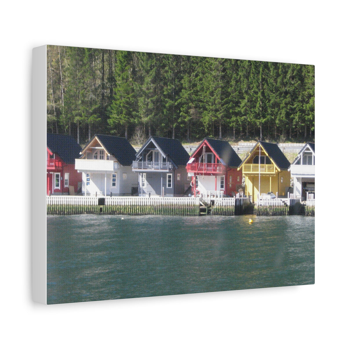 Colorful Waterfront Cabins Nature Photography Canvas
