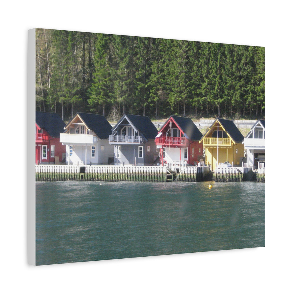 Colorful Waterfront Cabins Nature Photography Canvas