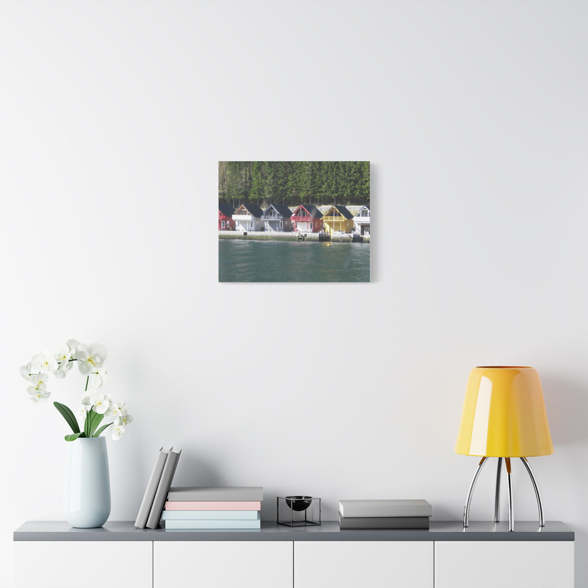 Colorful Waterfront Cabins Nature Photography Canvas