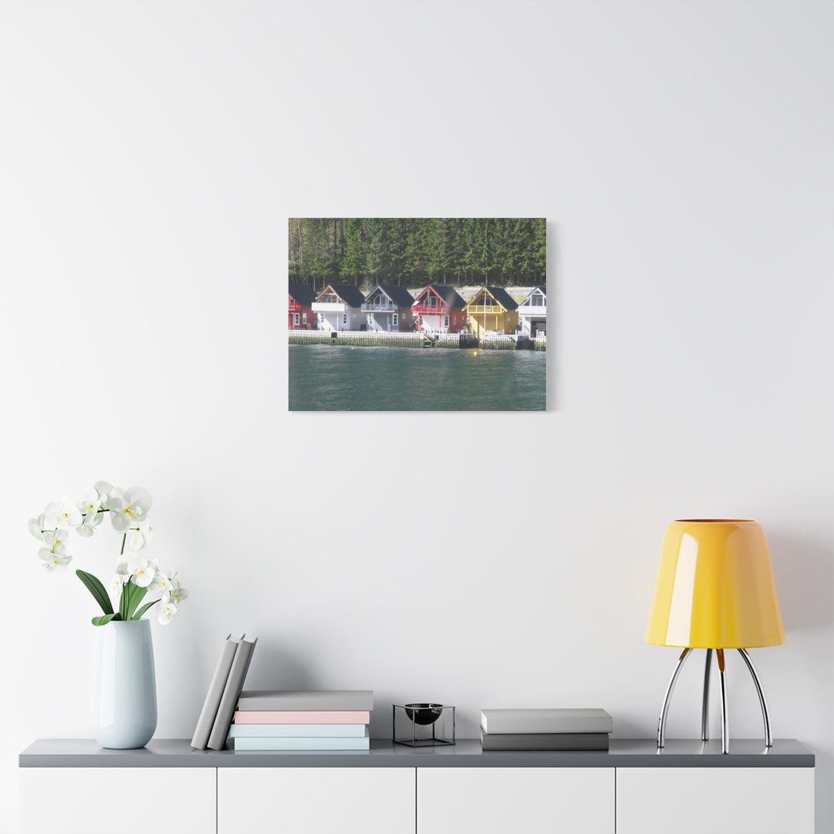 Colorful Waterfront Cabins Nature Photography Canvas