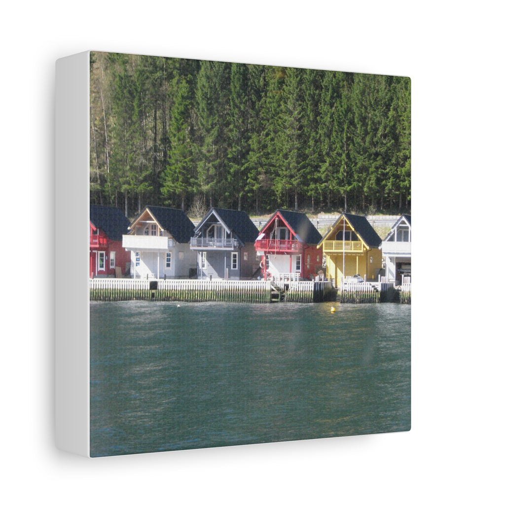 Colorful Waterfront Cabins Nature Photography Canvas