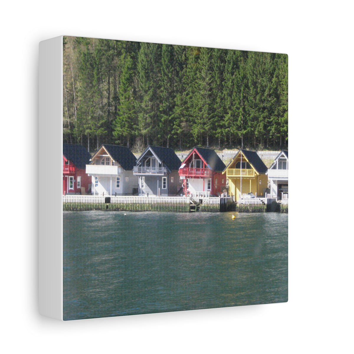 Colorful Waterfront Cabins Nature Photography Canvas