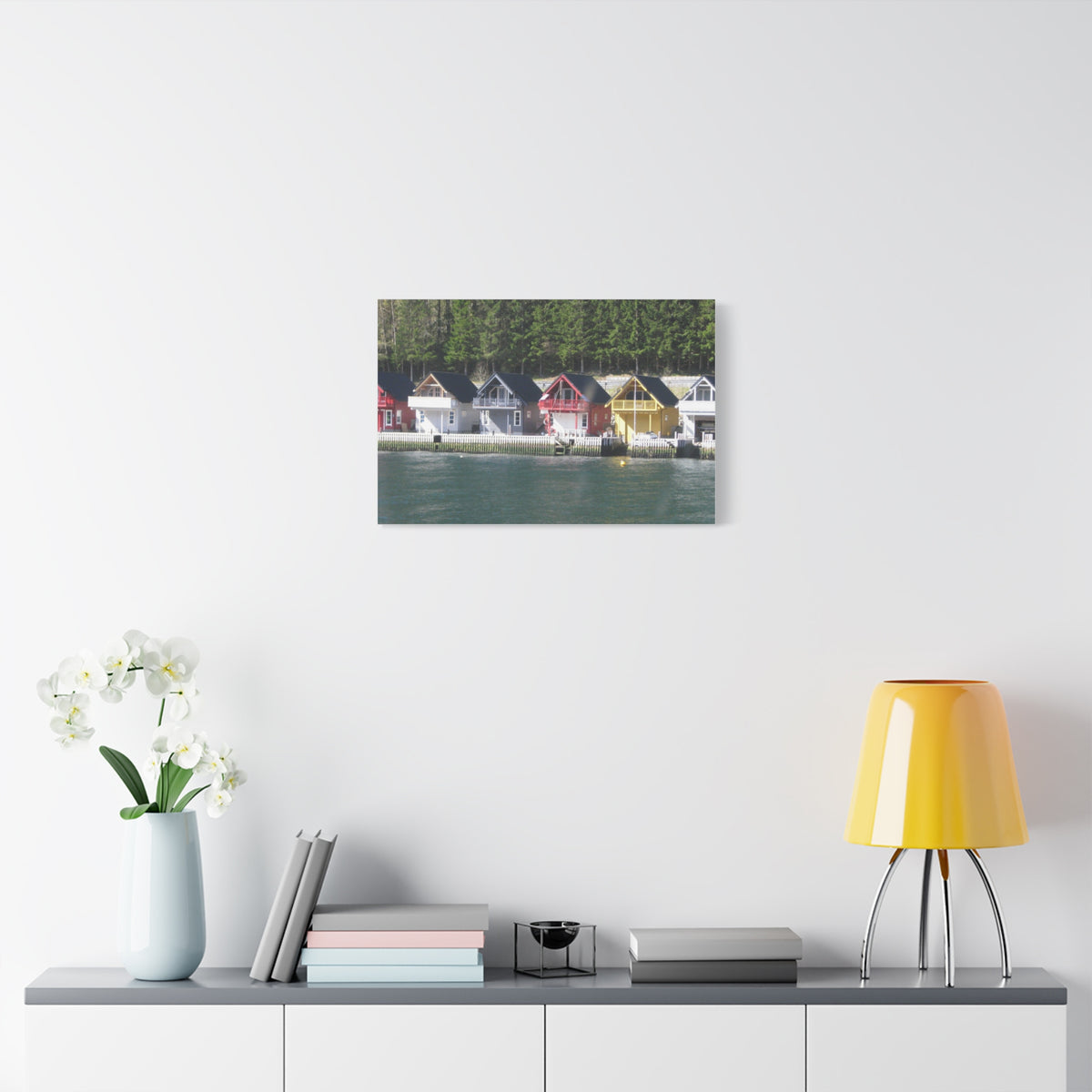 Colorful Waterfront Cabins Nature Photography Canvas