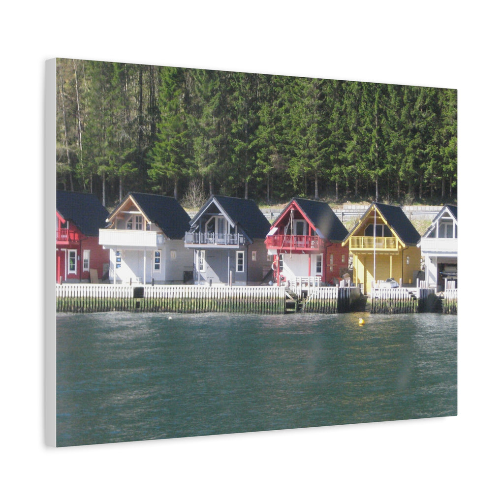 Colorful Waterfront Cabins Nature Photography Canvas