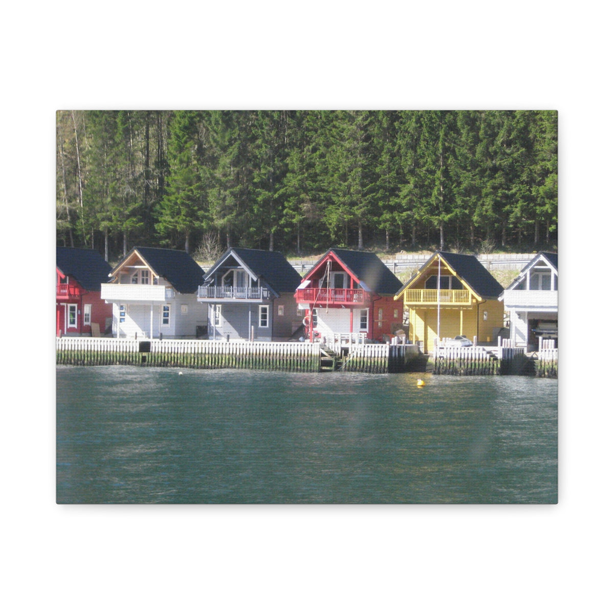 Colorful Waterfront Cabins Nature Photography Canvas