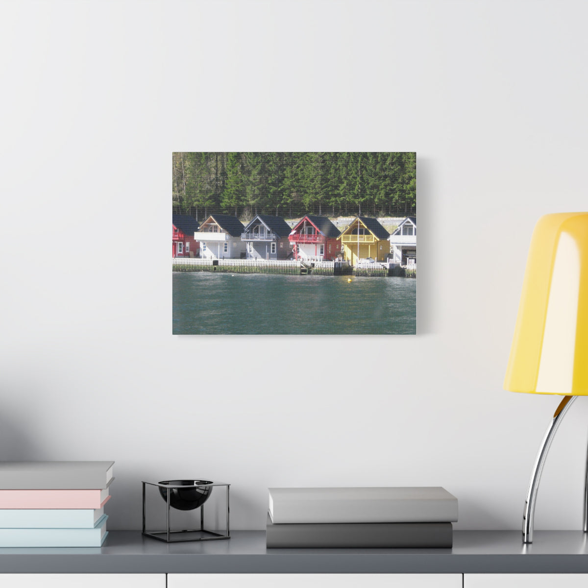 Colorful Waterfront Cabins Nature Photography Canvas
