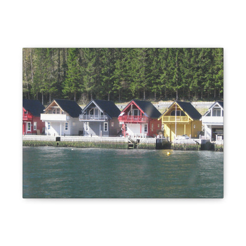 Colorful Waterfront Cabins Nature Photography Canvas