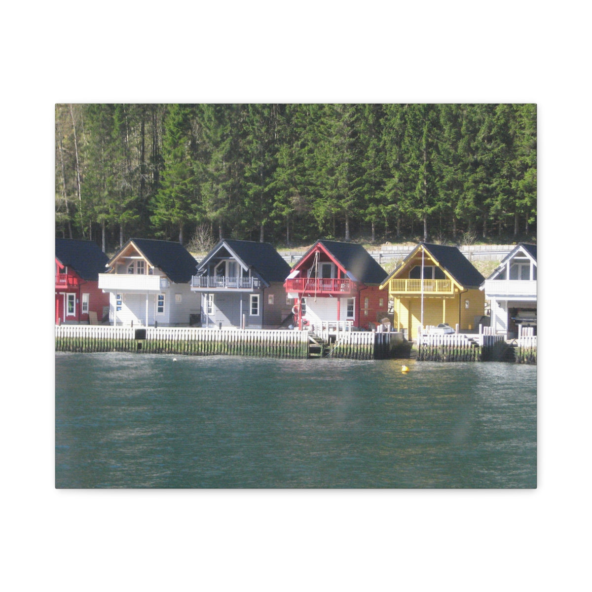 Colorful Waterfront Cabins Nature Photography Canvas
