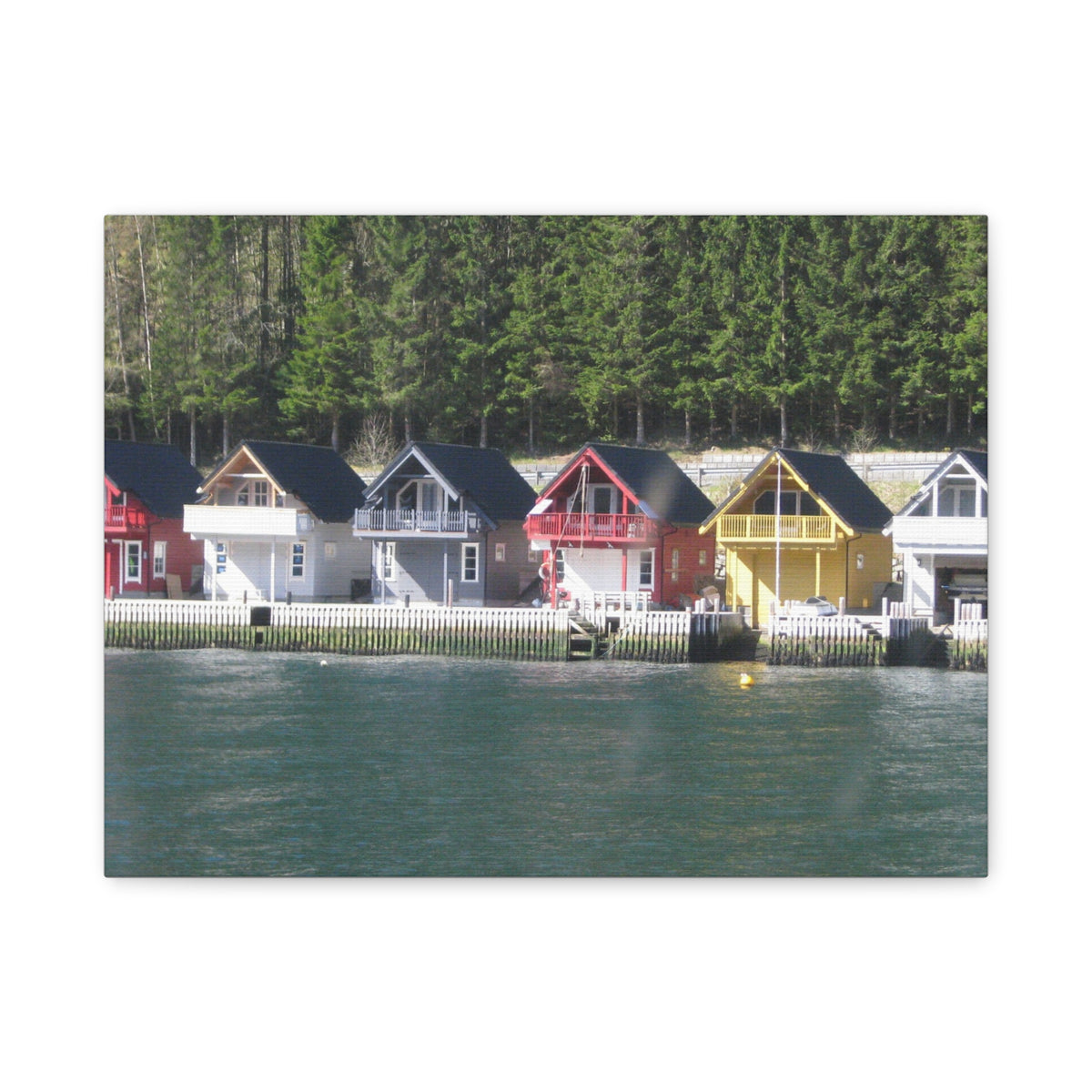 Colorful Waterfront Cabins Nature Photography Canvas