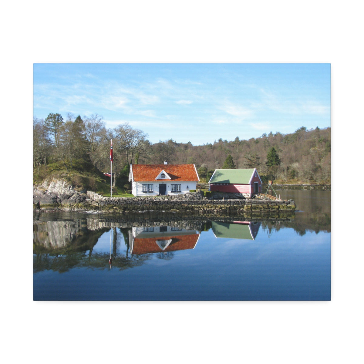 Canvas Stretched Wall Art – Serene Scandinavian Lakeside Cottage Landscape