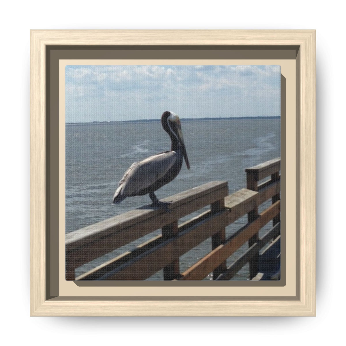 Brown Pelican Photo Canvas Framed Wall Art | Coastal Pier Seascape (USA)