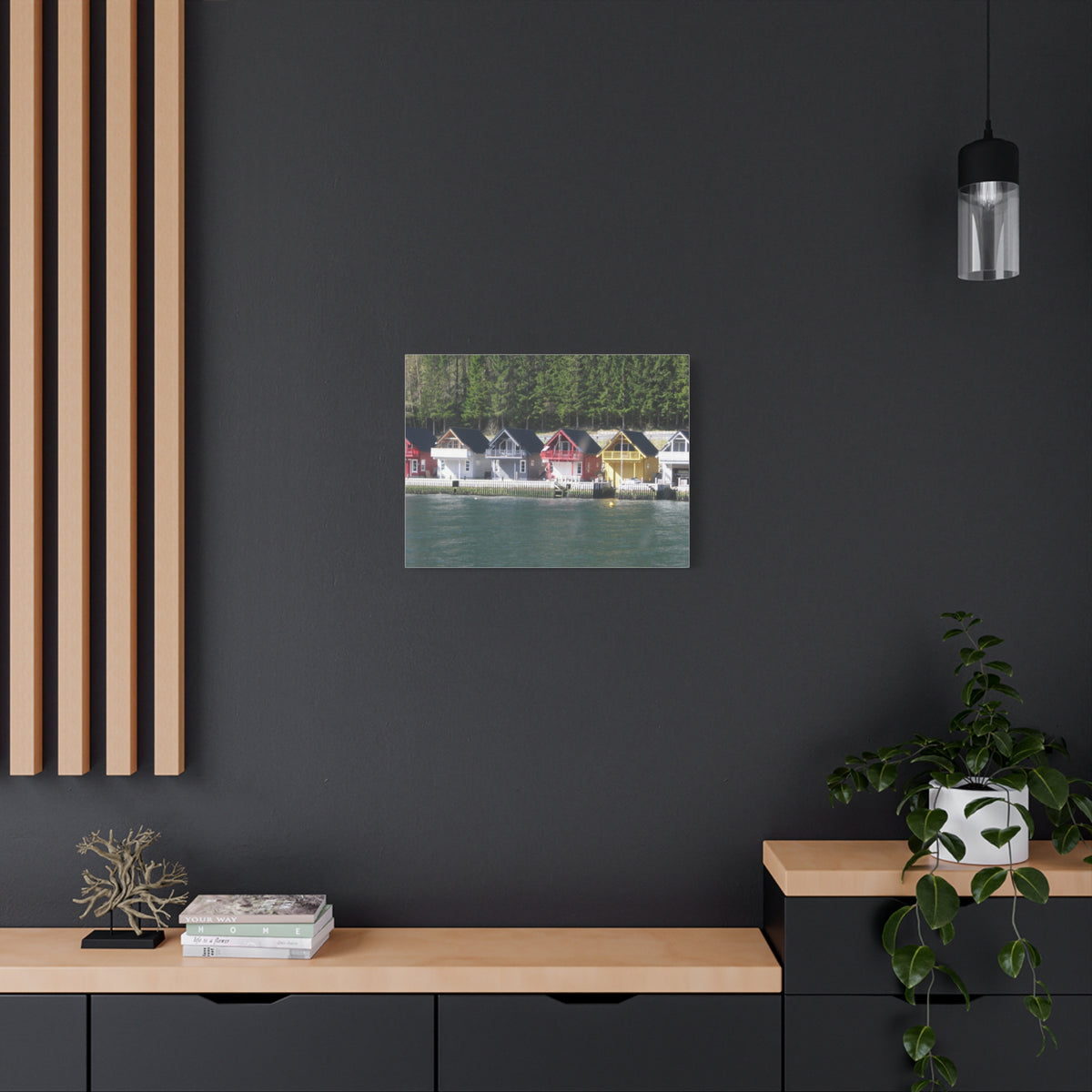 Colorful Waterfront Cabins Nature Photography Canvas