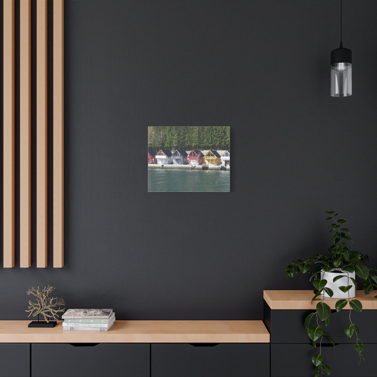 Colorful Waterfront Cabins Nature Photography Canvas