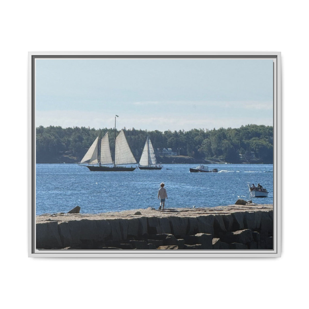 Framed Canvas Sailboat Harbor Seascape Wall Art