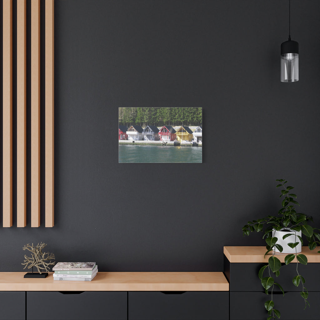 Colorful Waterfront Cabins Nature Photography Canvas