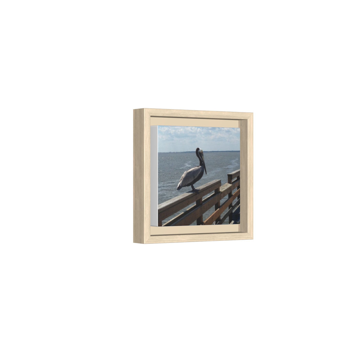 Brown Pelican Photo Canvas Framed Wall Art | Coastal Pier Seascape (USA)