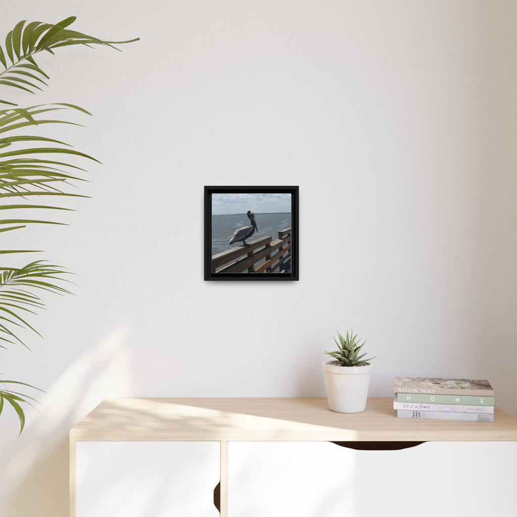 Brown Pelican Photo Canvas Framed Wall Art | Coastal Pier Seascape (USA)