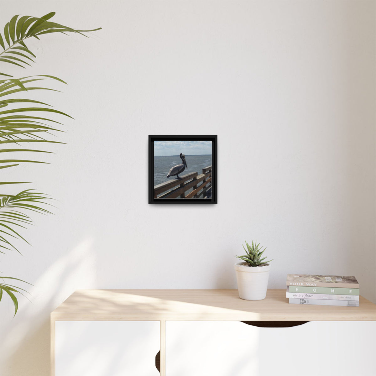 Brown Pelican Photo Canvas Framed Wall Art | Coastal Pier Seascape (USA)