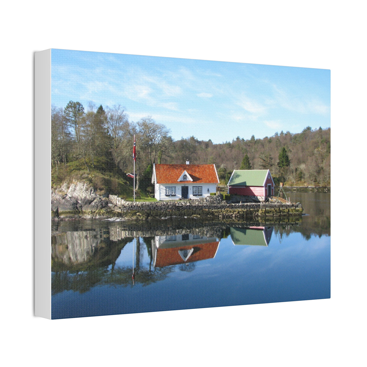 Canvas Stretched Wall Art – Serene Scandinavian Lakeside Cottage Landscape