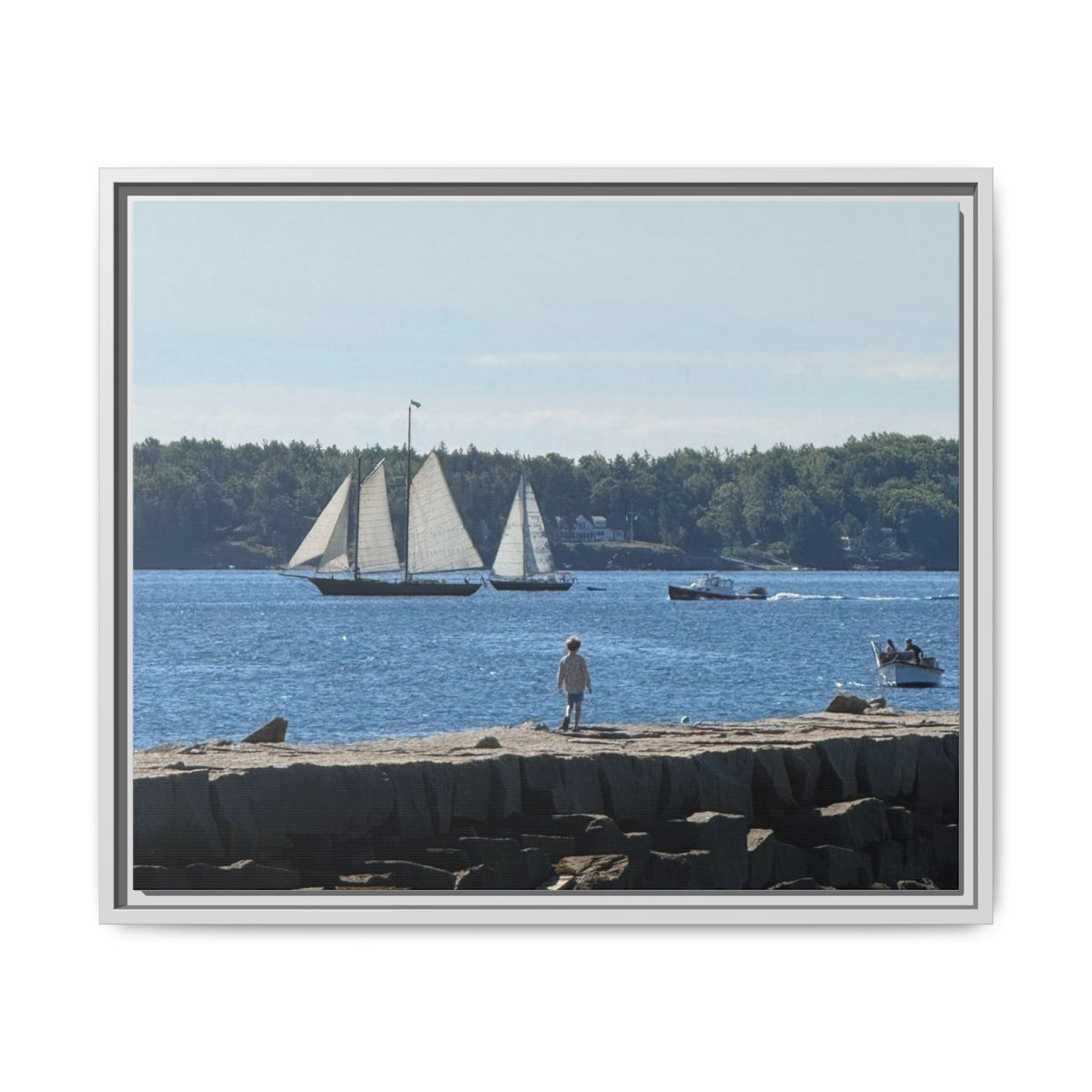 Framed Canvas Sailboat Harbor Seascape Wall Art