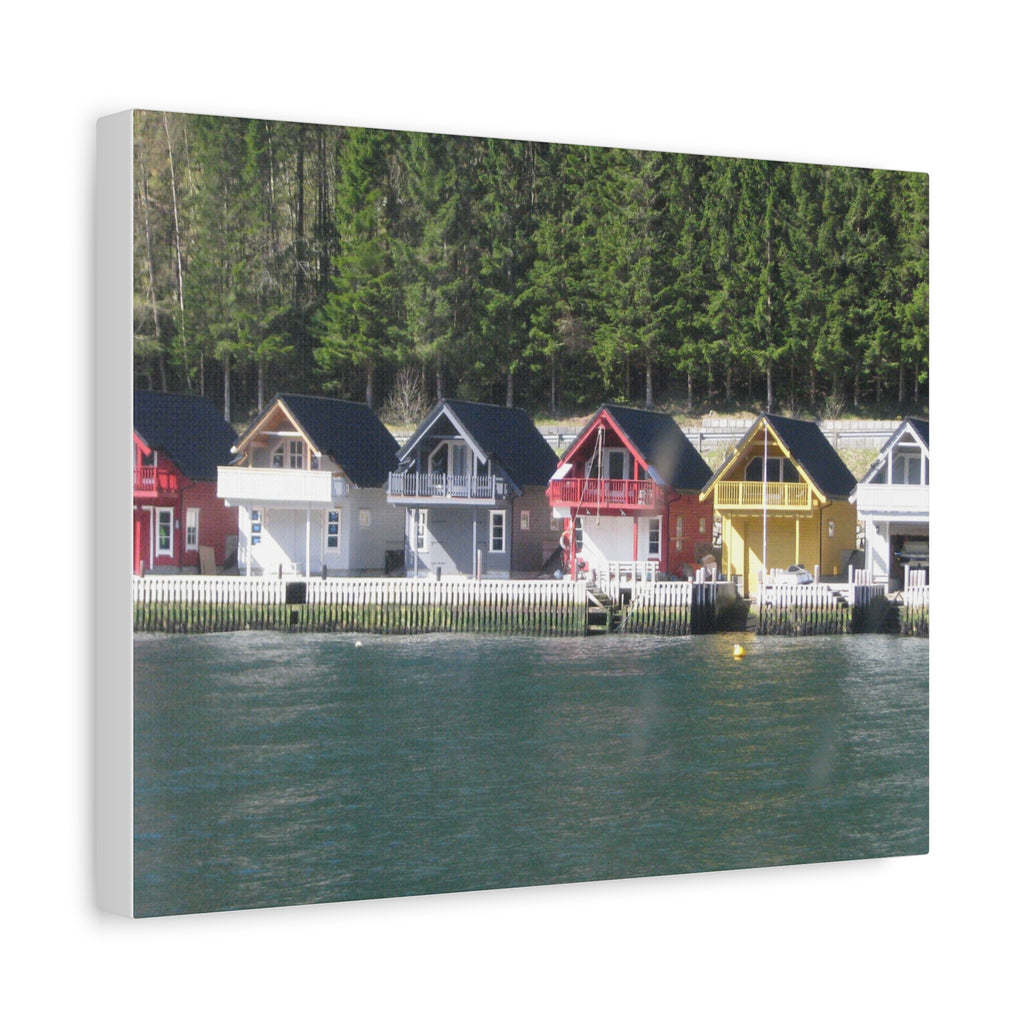 Colorful Waterfront Cabins Nature Photography Canvas