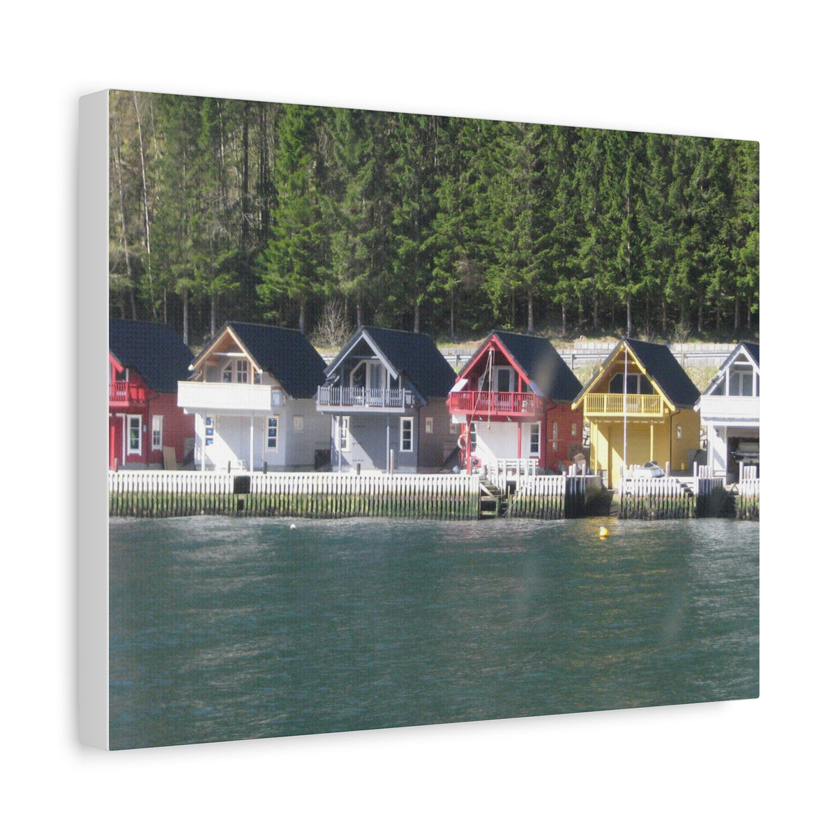 Colorful Waterfront Cabins Nature Photography Canvas