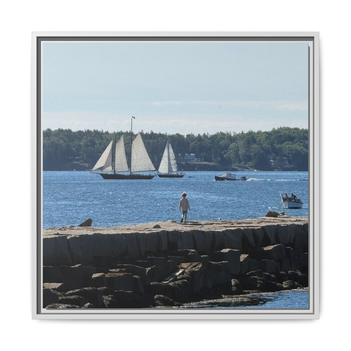 Framed Canvas Sailboat Harbor Seascape Wall Art