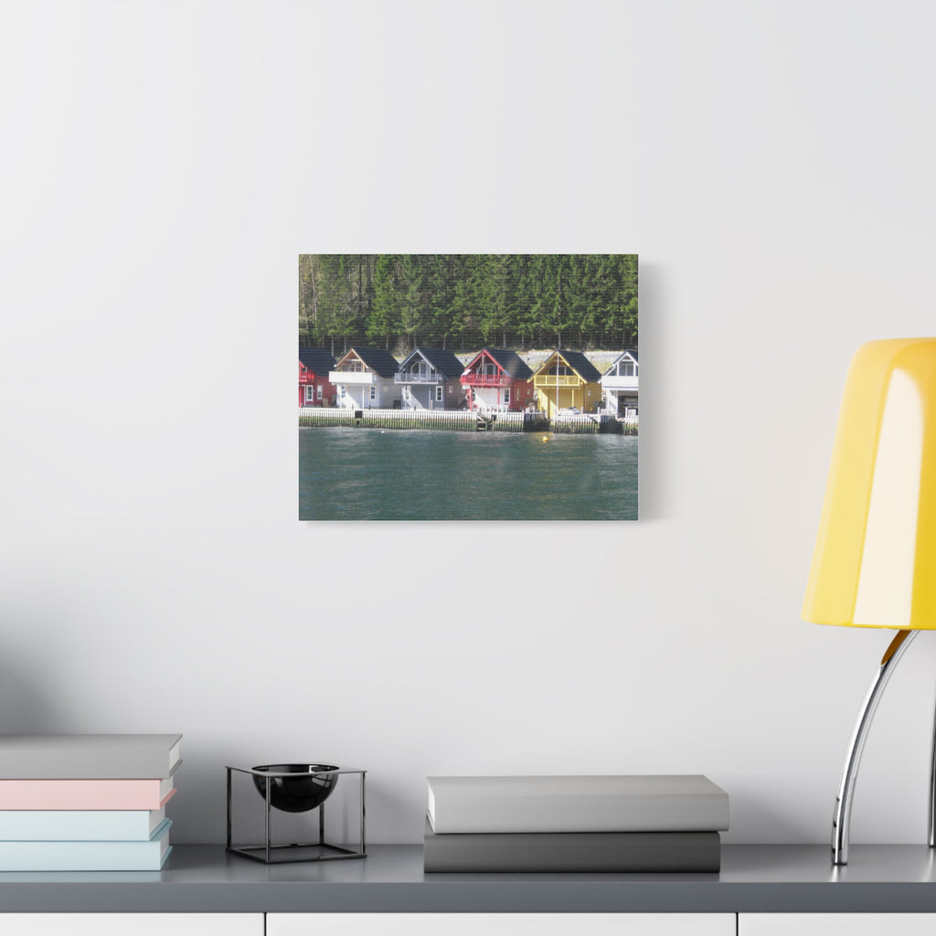 Colorful Waterfront Cabins Nature Photography Canvas