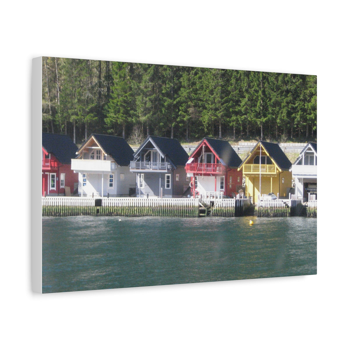 Colorful Waterfront Cabins Nature Photography Canvas