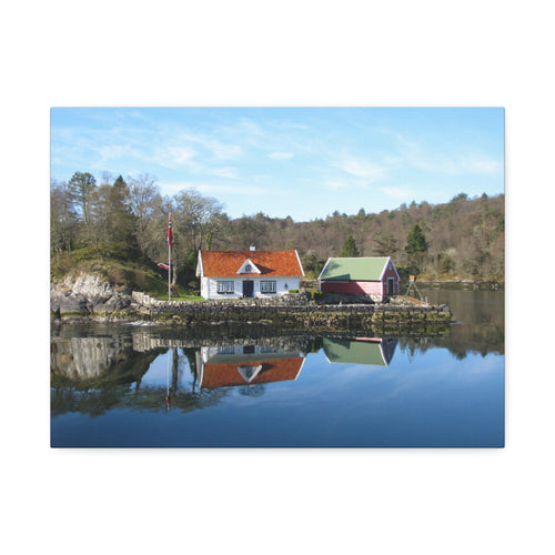 Canvas Stretched Wall Art – Serene Scandinavian Lakeside Cottage Landscape