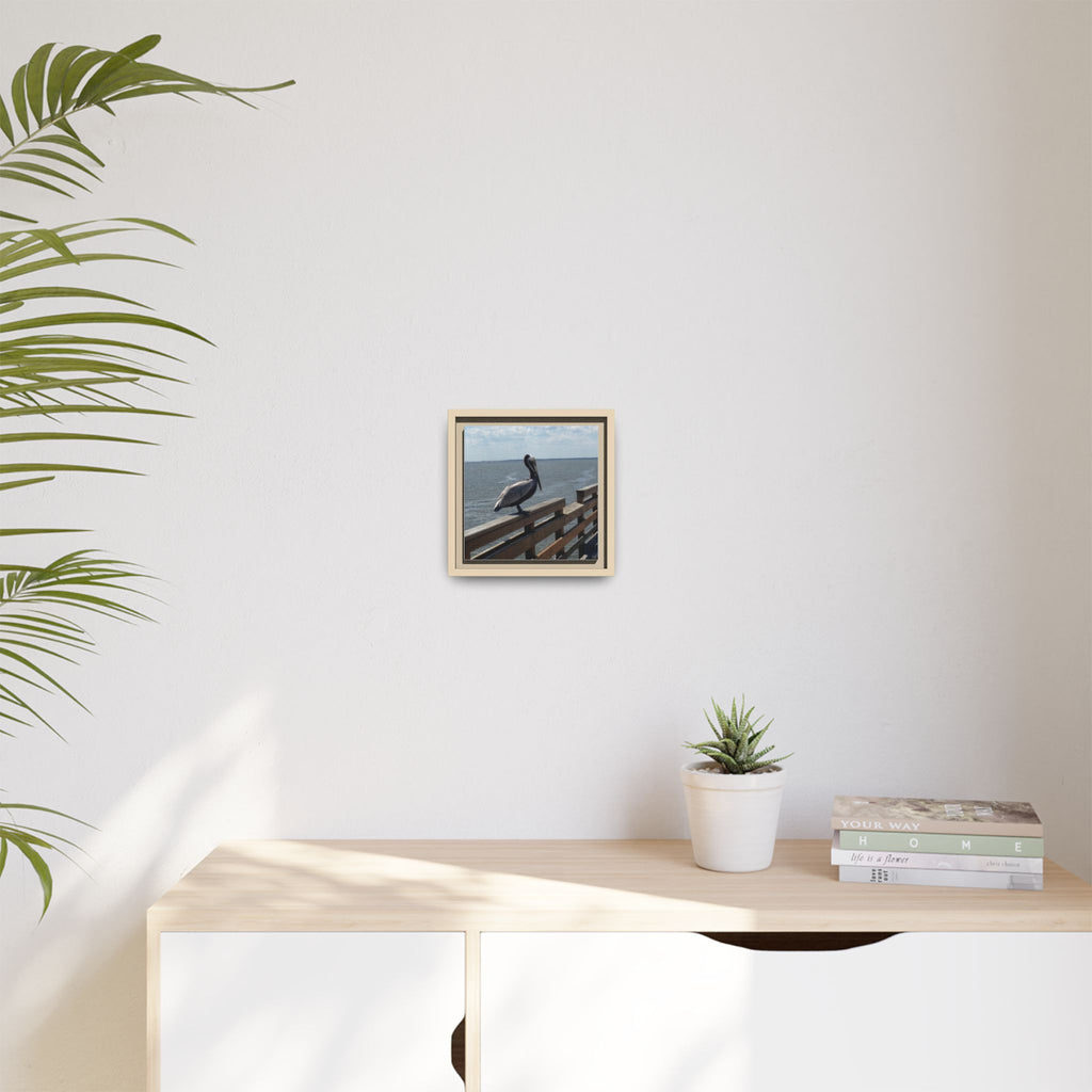 Brown Pelican Photo Canvas Framed Wall Art | Coastal Pier Seascape (USA)