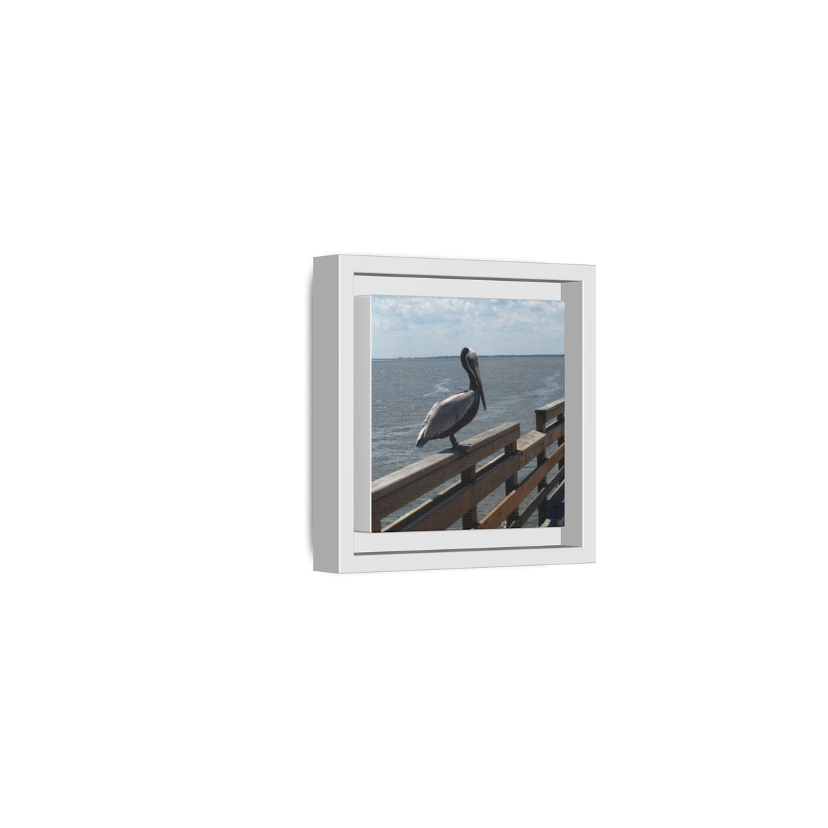 Brown Pelican Photo Canvas Framed Wall Art | Coastal Pier Seascape (USA)