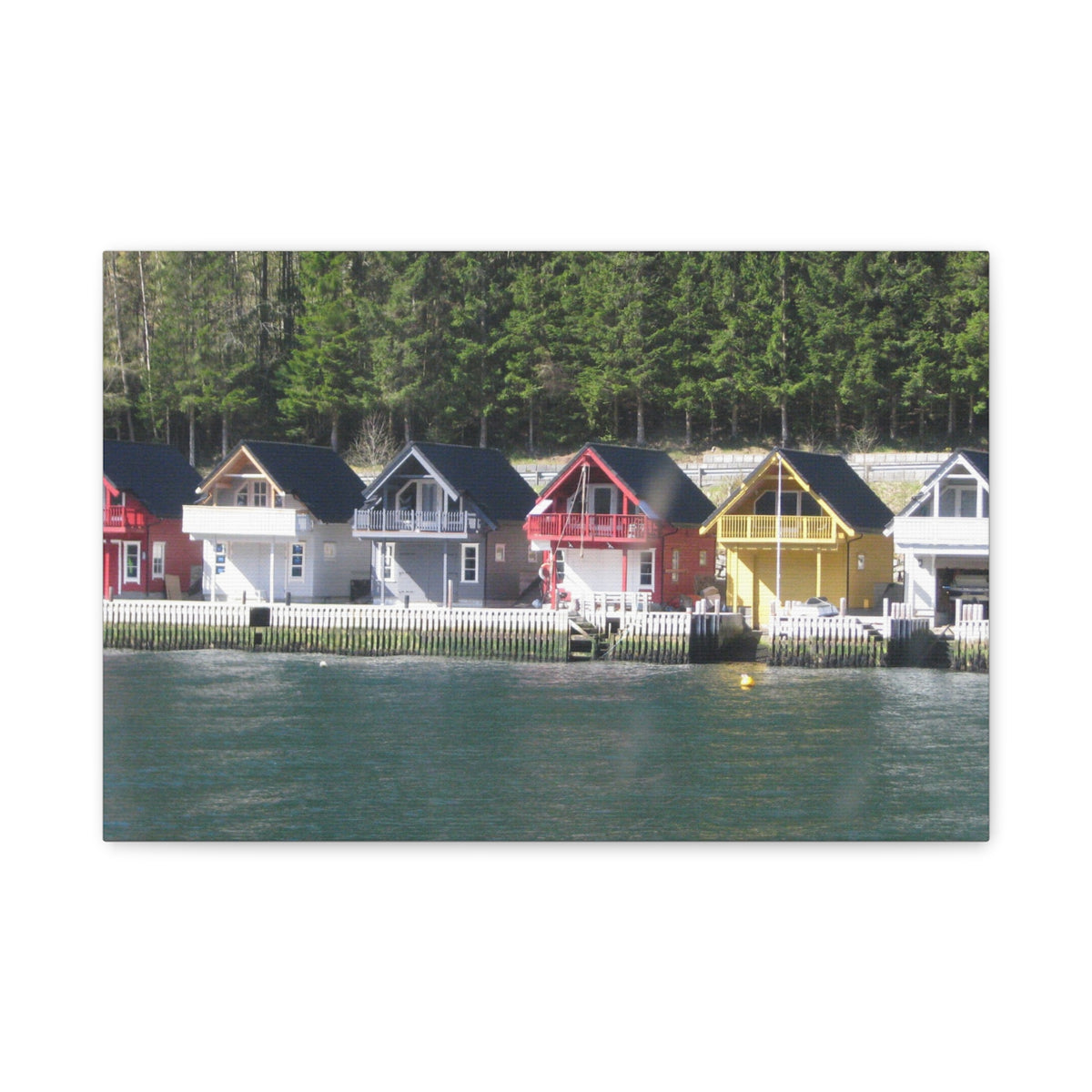Colorful Waterfront Cabins Nature Photography Canvas